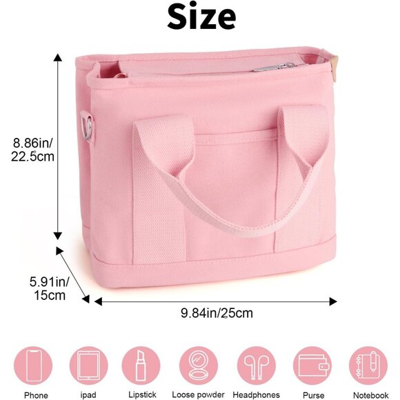 Women's Pink Canvas Tote Bag With Multi Pockets Mini Shoulder Bags With Zipper - Picture 2 of 6